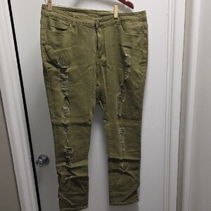 Olive Distressed Straight Leg Jeans